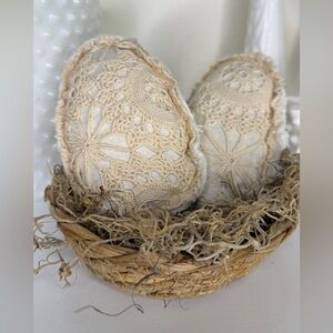 Lace & Linen Easter Eggs Woven Basket Farmhouse Decor